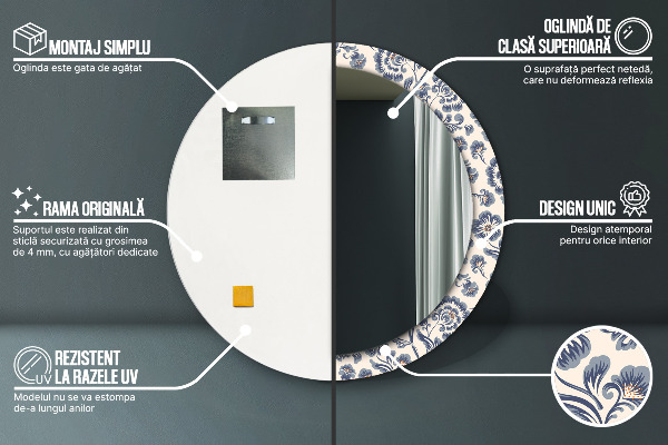 Miroir rond cadre avec impression Motif de fleurs
