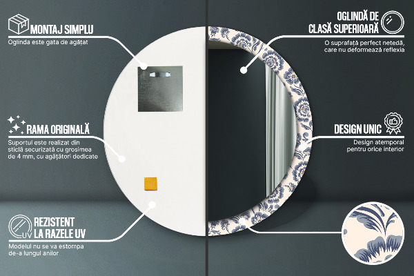 Miroir rond cadre avec impression Motif de fleurs