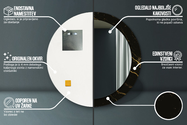 Miroir rond imprimé Marbre noir