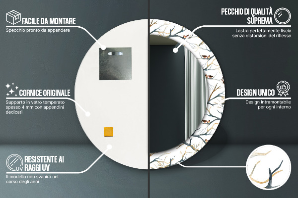 Miroir rond imprimé Moineaux oiseaux branches