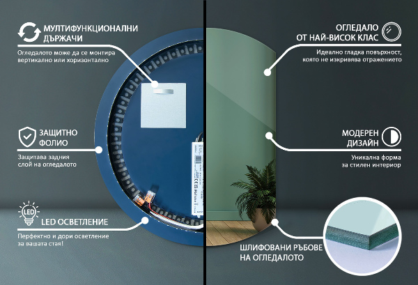 Demi cercle miroir led 70x80 cm