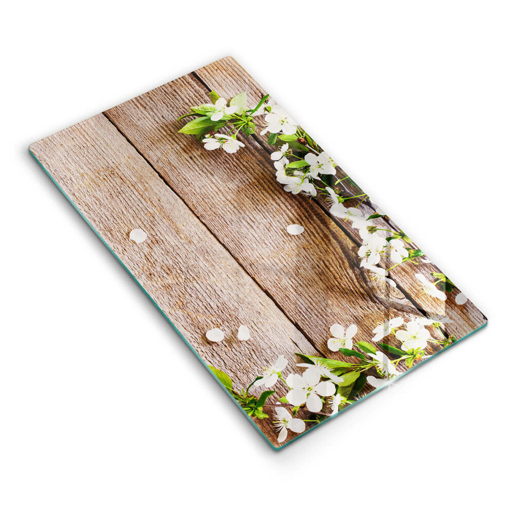 Protège plaque de cuisson Fleurs blanches sur les planches