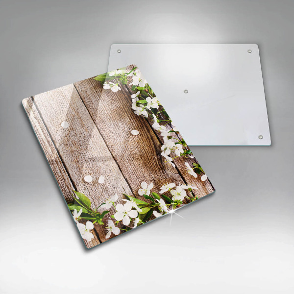 Protège plaque de cuisson Fleurs blanches sur les planches