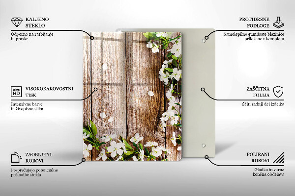 Protège plaque de cuisson Fleurs blanches sur les planches