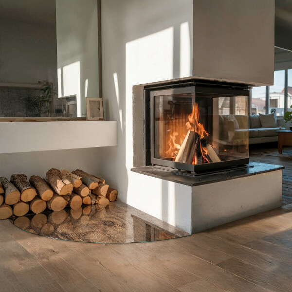 Quart-de-cercle plaque protection sol devant cheminée en verre Motif bois naturel