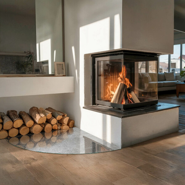 Quart-de-cercle plaque de sol en verre pour poêle texture du béton brut