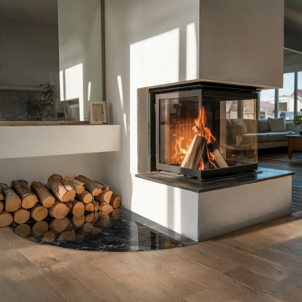 Quart-de-cercle plaque protection sol devant cheminée en verre Motif marbre élégant