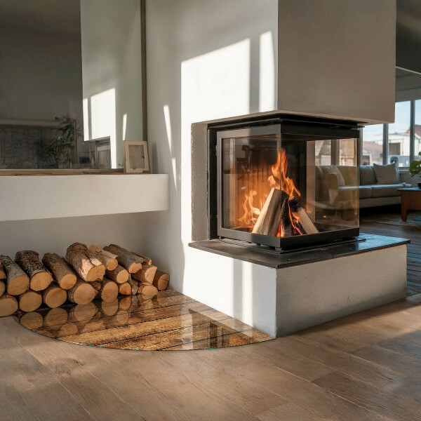 Quart-de-cercle plaque protection sol devant cheminée en verre Planche en bois veiné