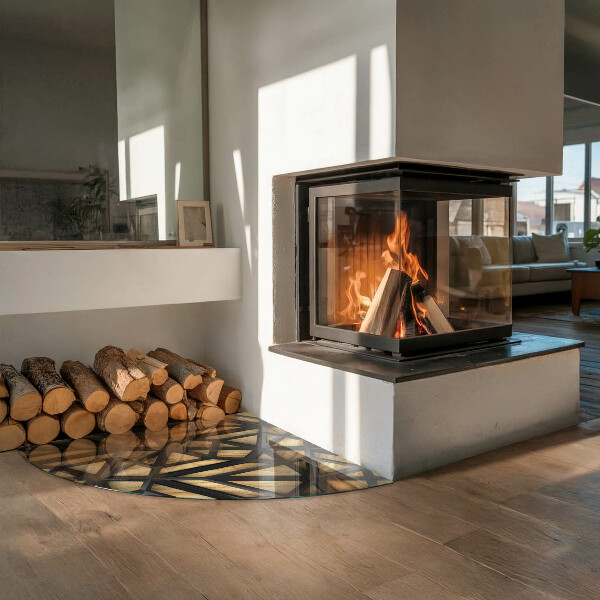 Quart-de-cercle plaque de sol en verre pour poêle Géométrie avec du bois