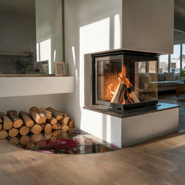 Quart-de-cercle plaque protection sol devant cheminée en verre bouquet de fleurs en détail