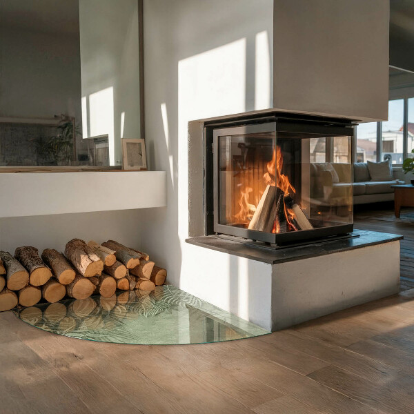 Quart-de-cercle plaque verre devant cheminée Feuilles tropicales en arrière-plan