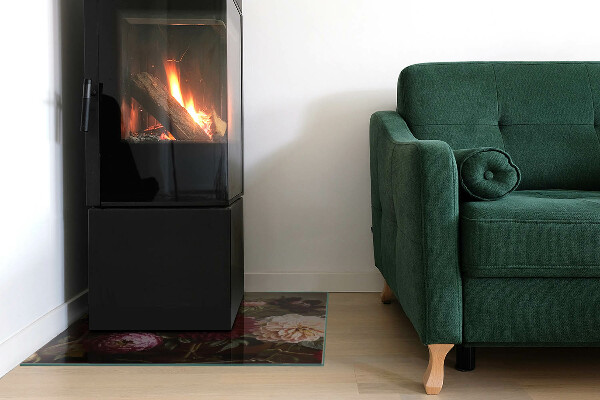 Carrée plaque protection sol devant cheminée en verre bouquet de fleurs en détail