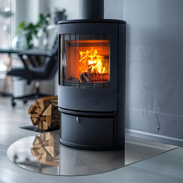 Demi-arrondi plaque verre devant cheminée motif géométrique abstrait