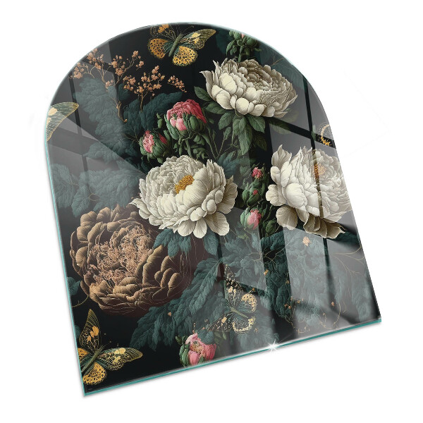 Demi-arrondi plaque verre devant cheminée Motif floral avec des papillons