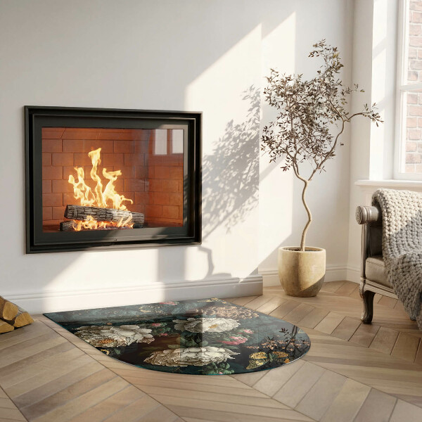 Demi-arrondi plaque verre devant cheminée Motif floral avec des papillons