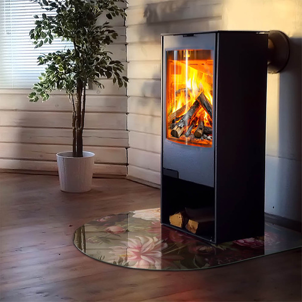 Demi-arrondi plaque protection sol devant cheminée en verre bouquet de fleurs en détail