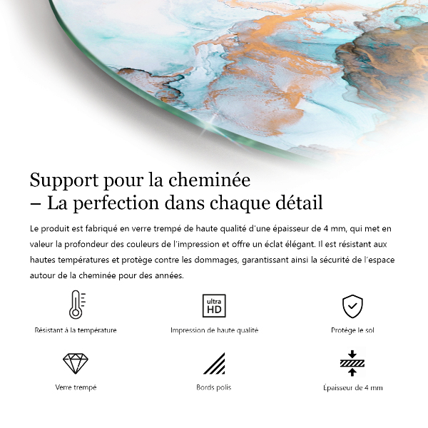 Demi-arrondi plaque protection sol devant cheminée en verre Motif marbré délicat