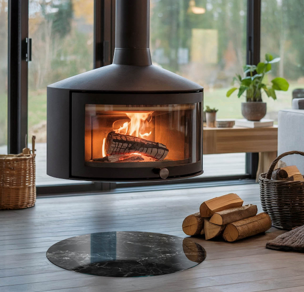 Ronde vitre sous poêle à bois Motif marbre élégant