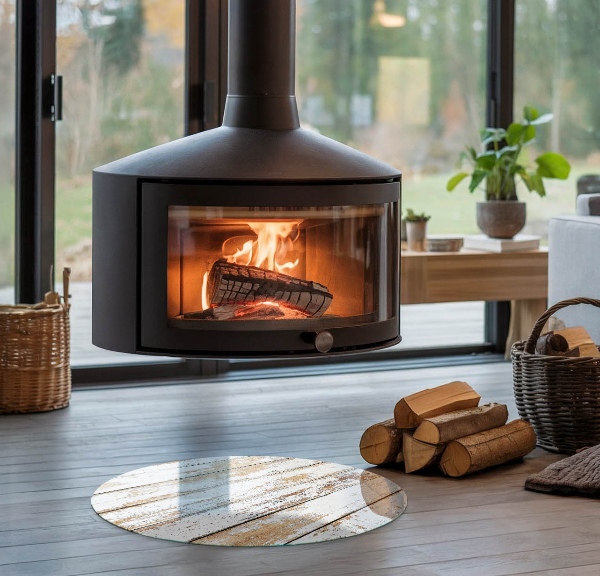 Ronde vitre sous poêle à bois Planche en bois endommagée