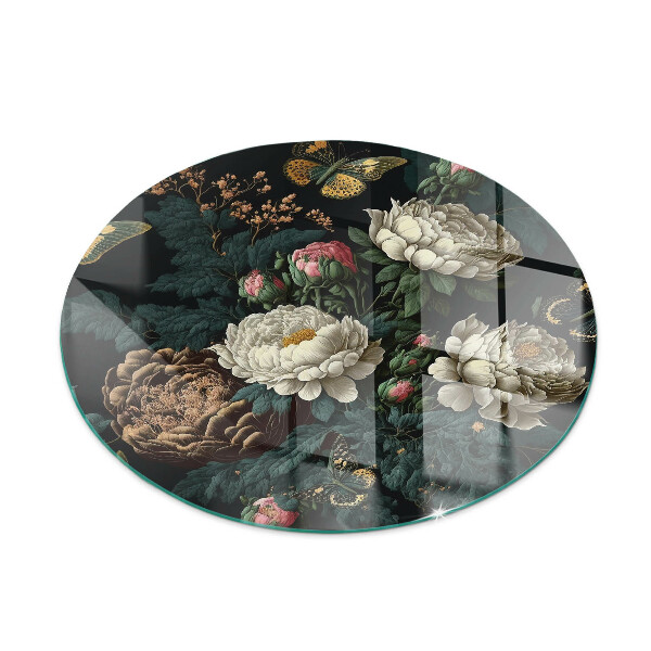 Ronde plaque de verre pour cheminée Motif floral avec des papillons