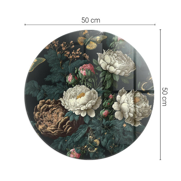 Ronde plaque de verre pour cheminée Motif floral avec des papillons