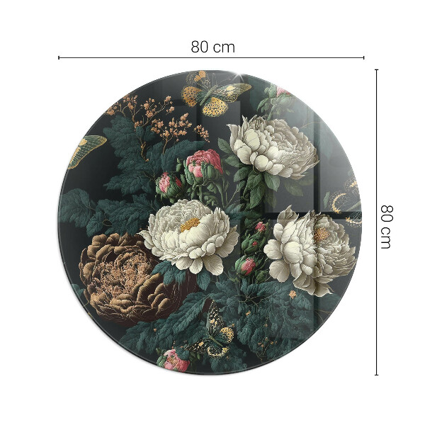 Ronde plaque de verre pour cheminée Motif floral avec des papillons