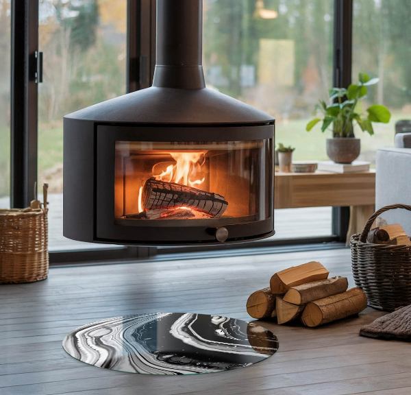 Ronde vitre sous poêle à bois vagues et lignes abstraites