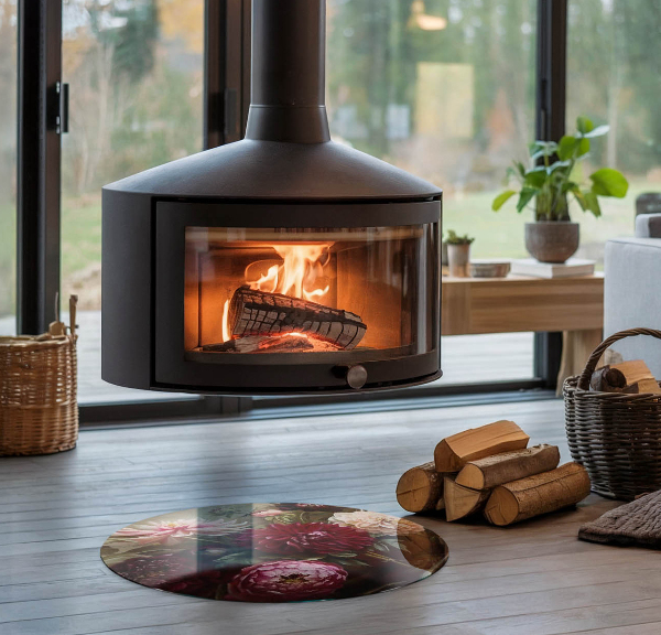 Ronde vitre sous poêle à bois bouquet de fleurs en détail