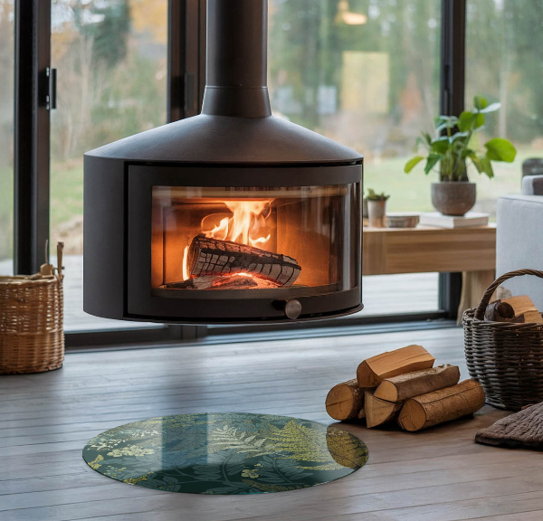 Ronde verre sous poêle à bois Motifs végétaux avec des papillons