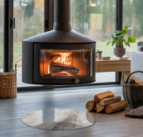 Ronde vitre sous poêle à bois Motif de pierre naturelle