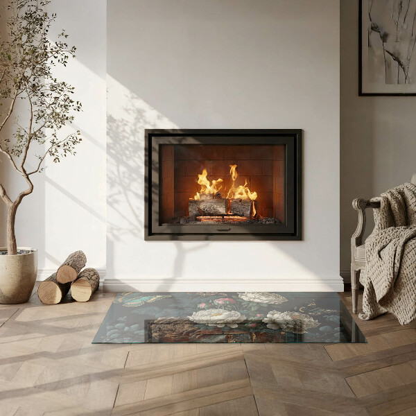 Rectangulaire plaque de sol en verre pour poêle Motif floral avec des papillons