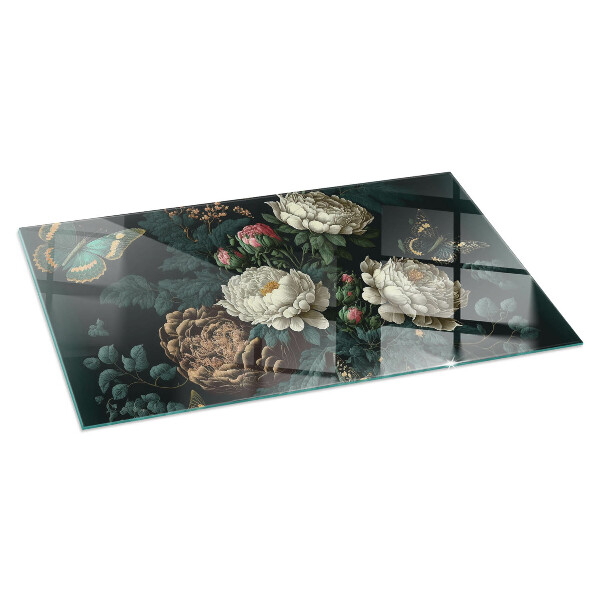 Rectangulaire plaque de sol en verre pour poêle Motif floral avec des papillons