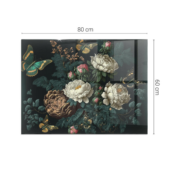 Rectangulaire plaque de sol en verre pour poêle Motif floral avec des papillons