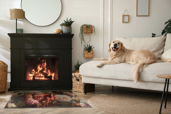 Rectangulaire plaque protection sol devant cheminée en verre bouquet de fleurs en détail