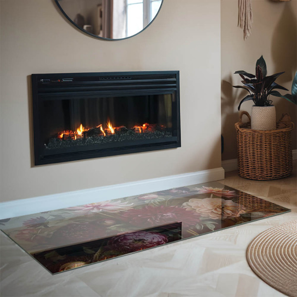 Rectangulaire plaque protection sol devant cheminée en verre bouquet de fleurs en détail