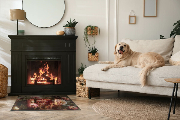 Rectangulaire plaque protection sol devant cheminée en verre bouquet de fleurs en détail