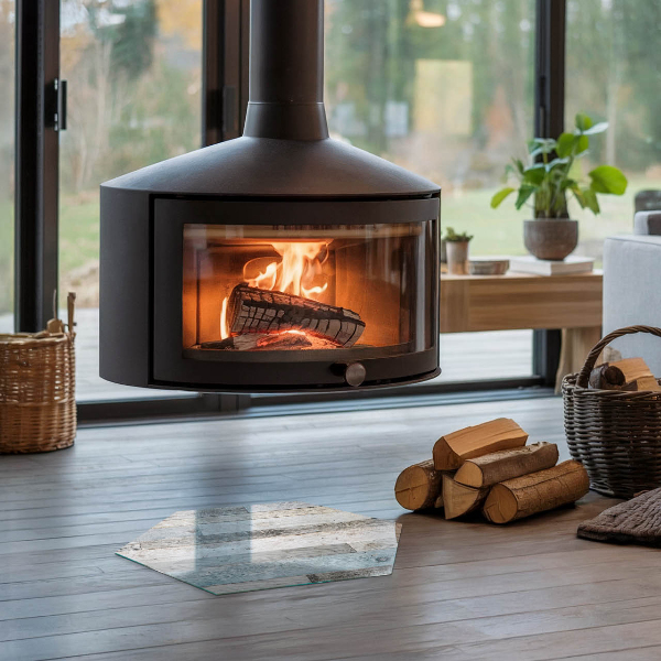 Hexagonale vitre sous poêle à bois Planches de différentes teintes