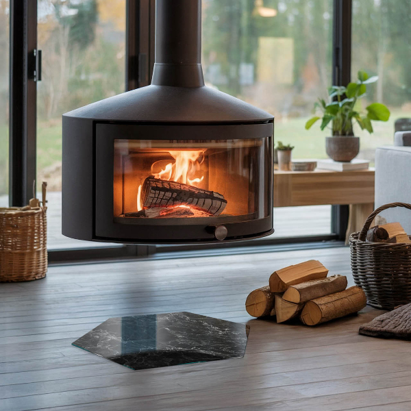 Hexagonale vitre sous poêle à bois Motif marbre élégant