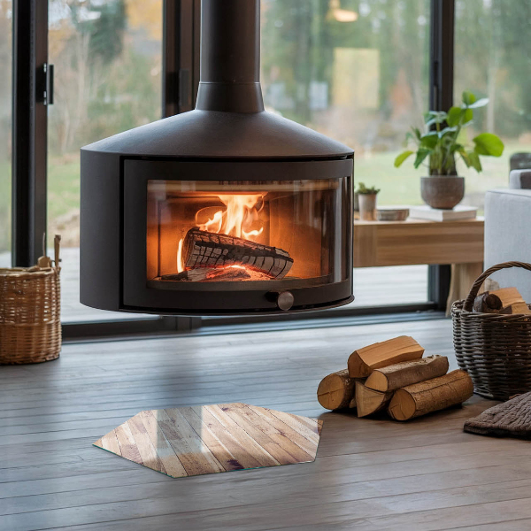 Hexagonale verre sous poêle à bois Planche en bois dans l'agencement
