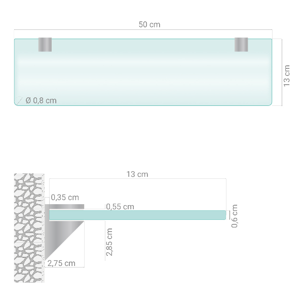 Tablette de salle de bain en verre translucide de 50x13 cm