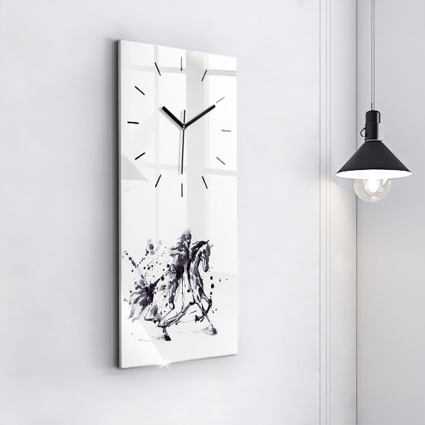 Horloge rectangulaire verticale 'Chevalier sur un cheval fait de gouttes d''encre'