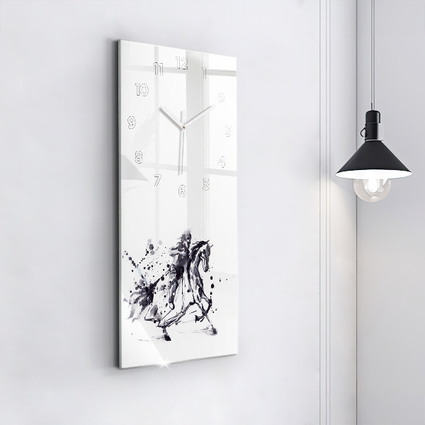 Horloge rectangulaire verticale 'Chevalier sur un cheval fait de gouttes d''encre'