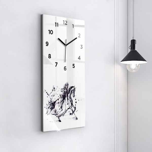 Horloge rectangulaire verticale 'Chevalier sur un cheval fait de gouttes d''encre'