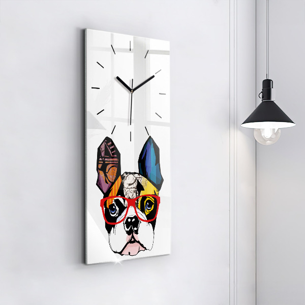 Horloge murale verticale Bouledogue français avec des lunettes