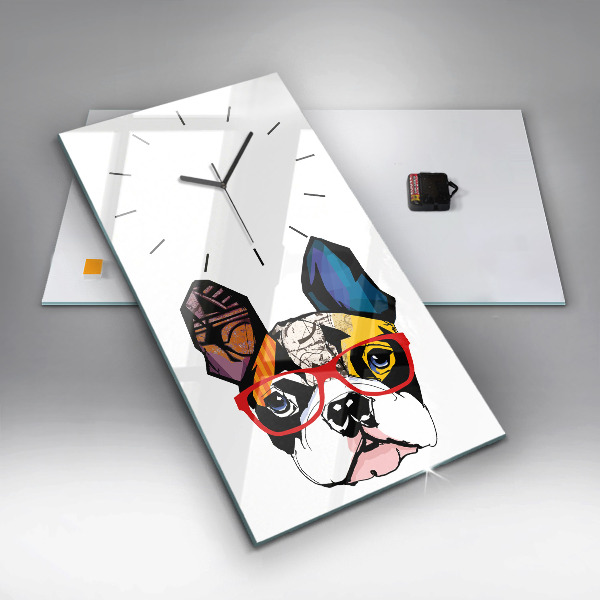 Horloge murale verticale Bouledogue français avec des lunettes
