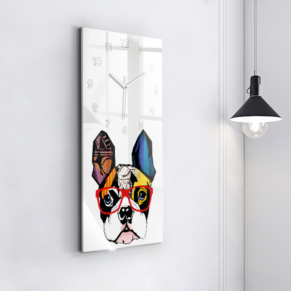 Horloge murale verticale Bouledogue français avec des lunettes