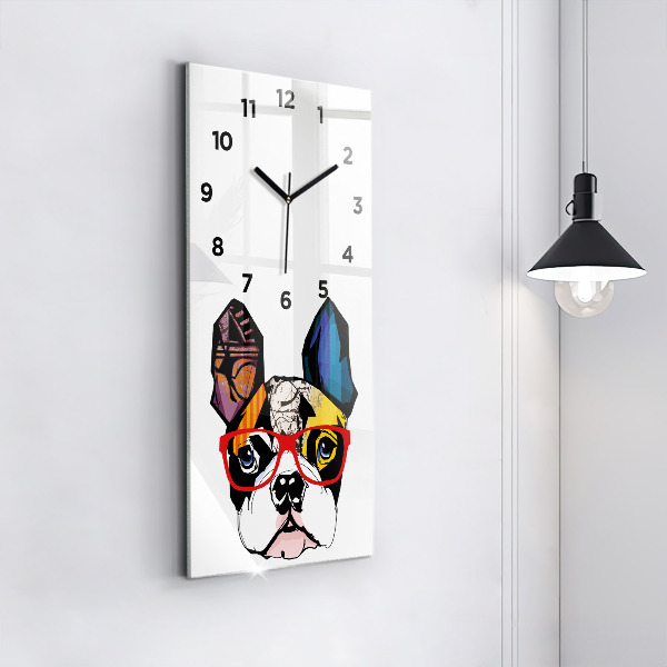 Horloge murale verticale Bouledogue français avec des lunettes