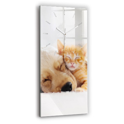 Horloge murale verticale Chat et chien endormis
