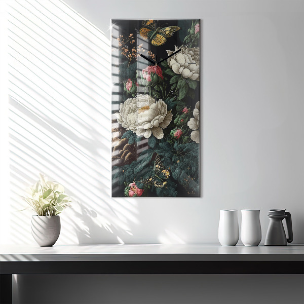 Horloge murale verticale Fleurs et papillons dorés