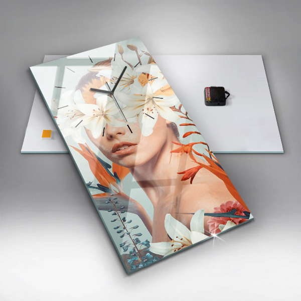 Horloge murale verticale Femme avec des fleurs